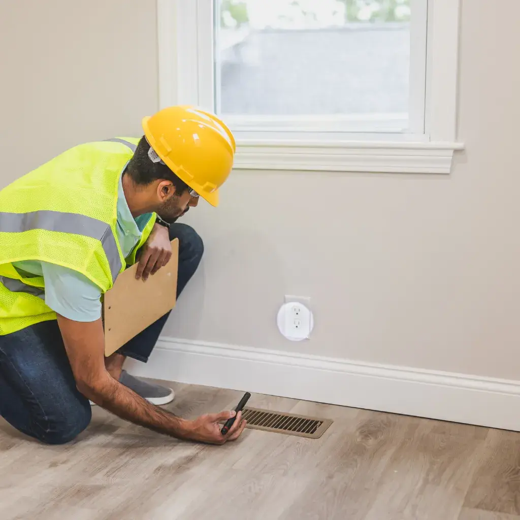 Inspector checking an HVAC unit during an MEP inspection in Dubai